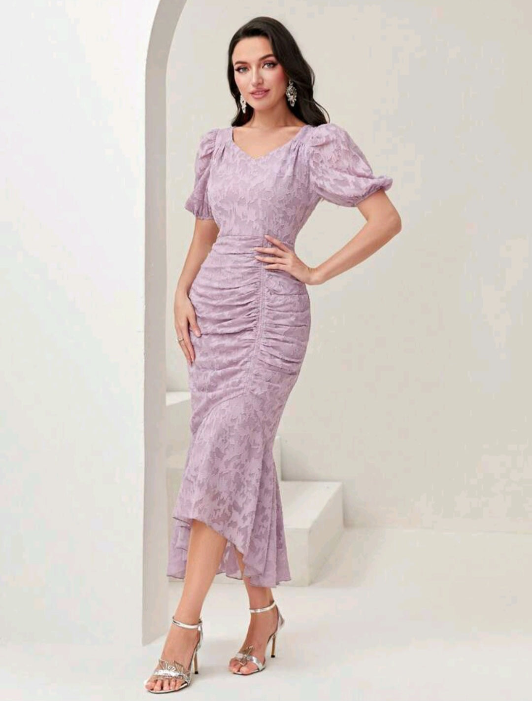 Puff Sleeve Mermaid Hem Ruched Lace Dress