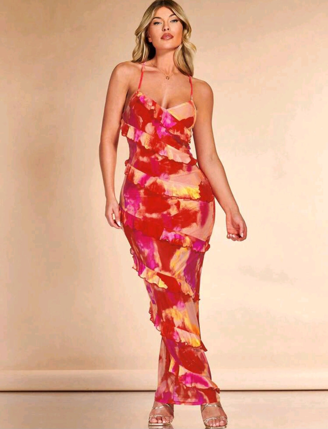 Narali Tie Dye Ruffle Trim Crisscross Backless Maxi Dress