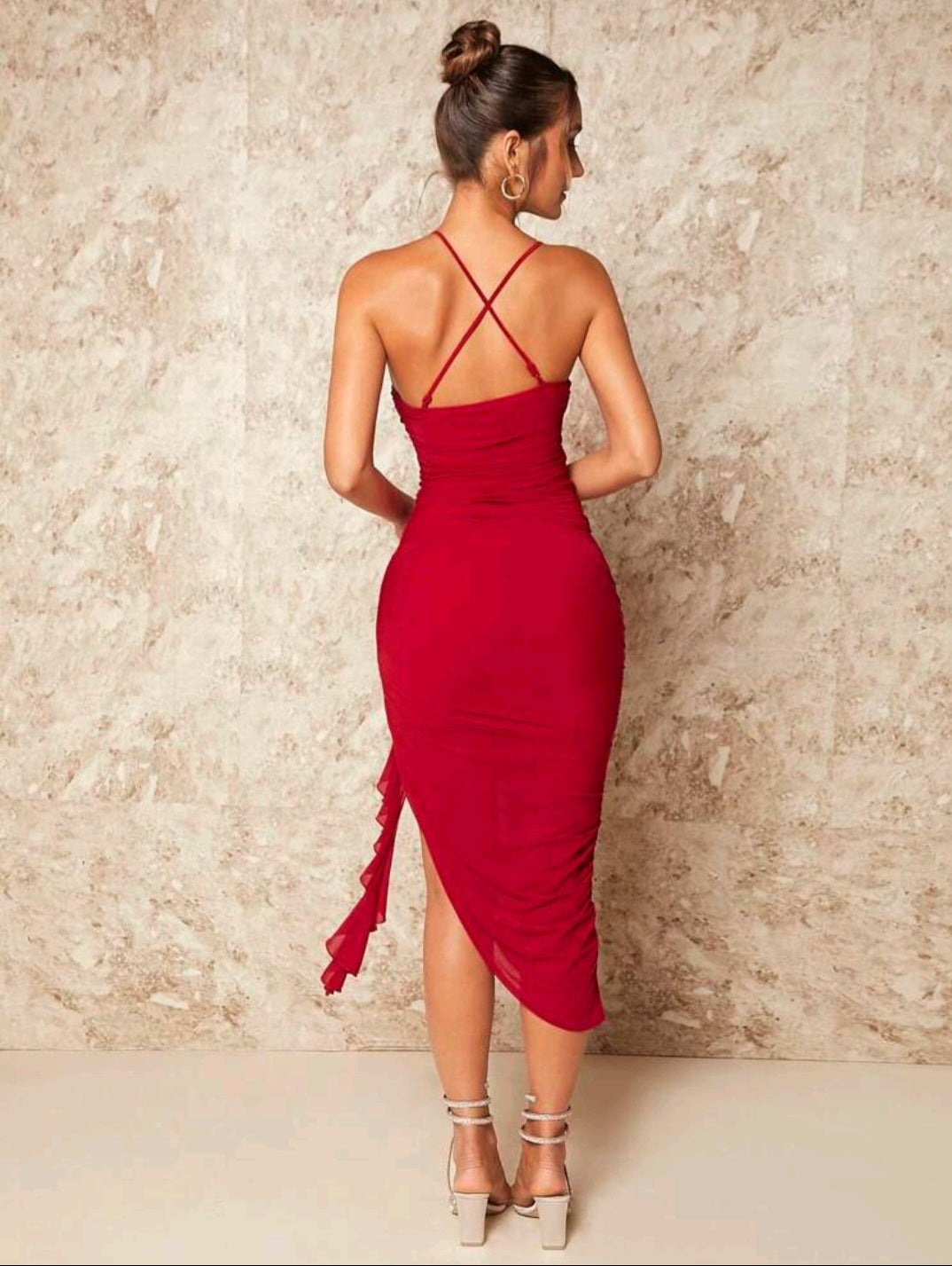 Ruched Ruffle Trim Split Thigh Cami Dress