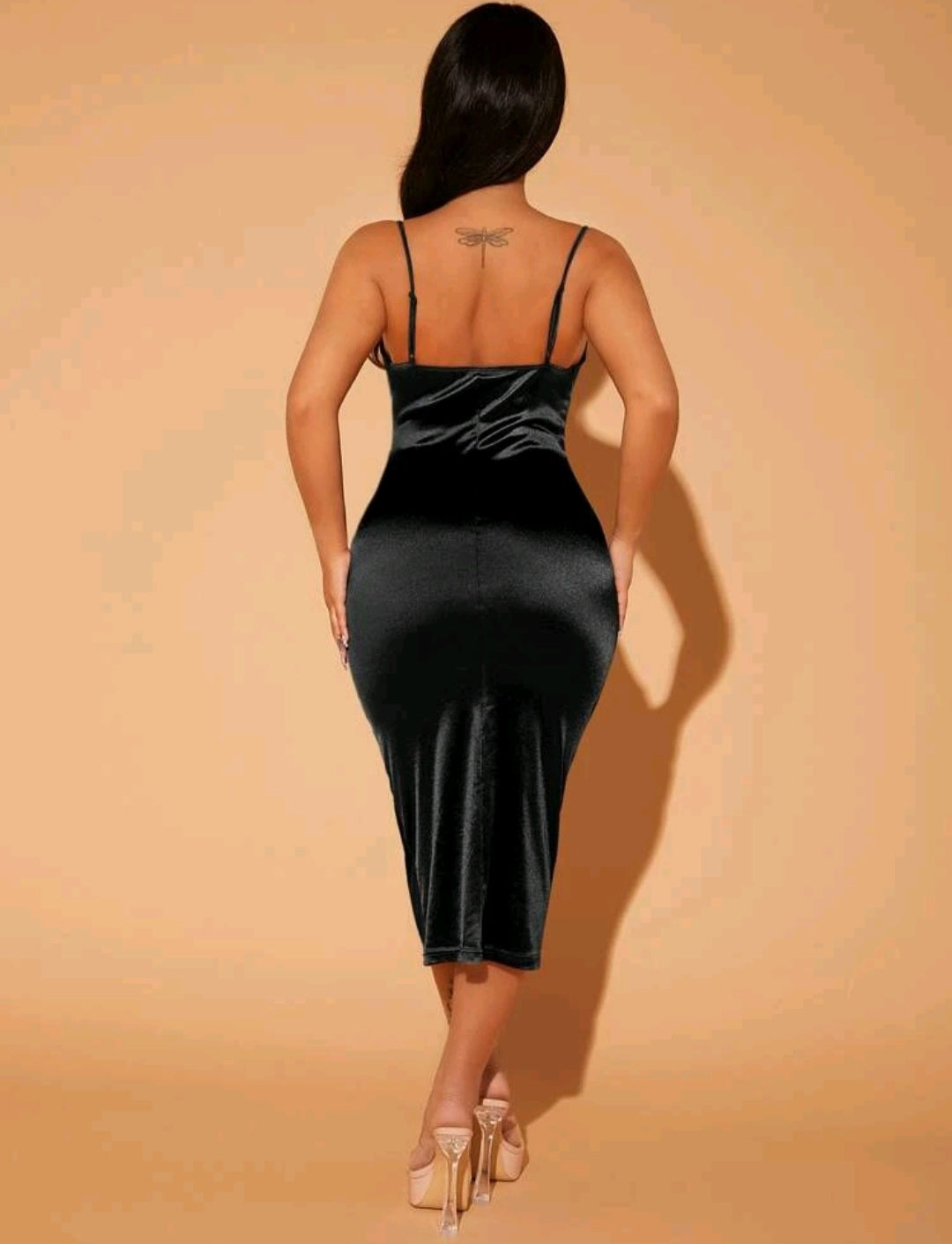 Draped Collar Backless Satin Bodycon Dress