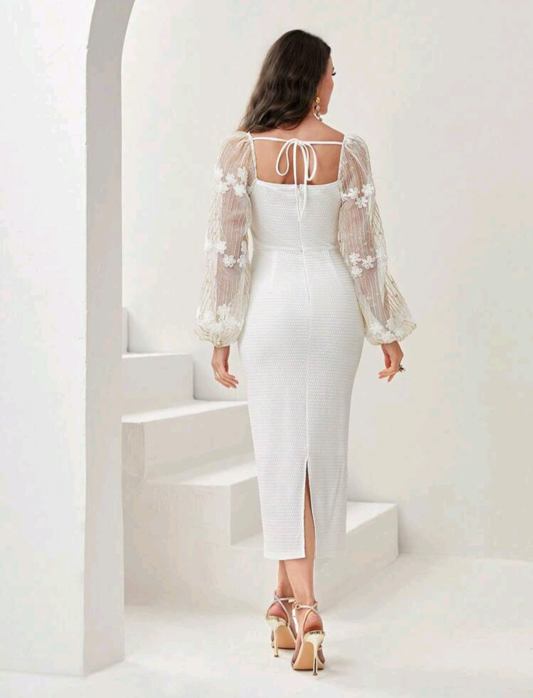 Floral Embroidery Mesh Lantern Sleeve Split Back Dress