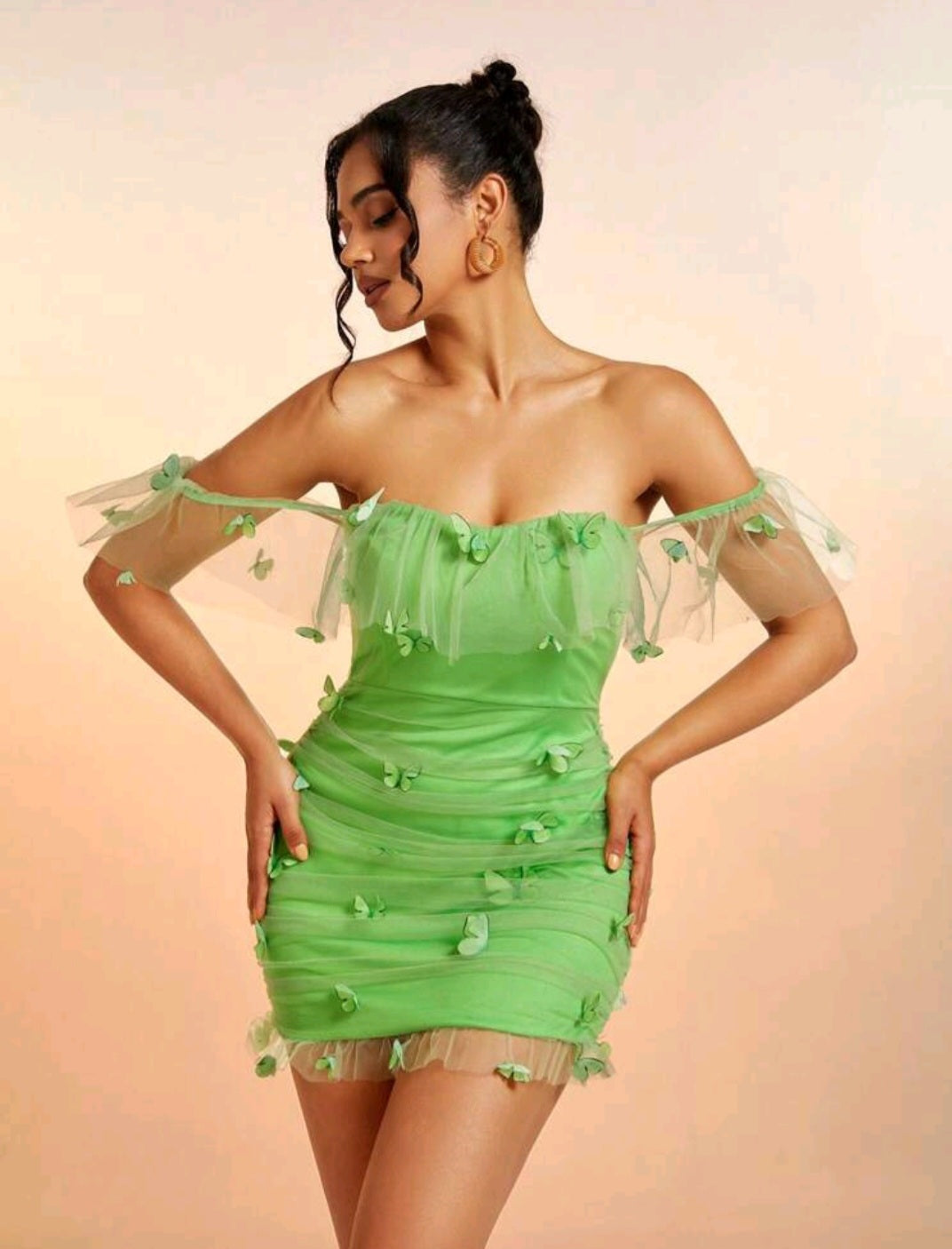 Off Shoulder Butterfly Appliques Ruched Mesh Bodycon Dress