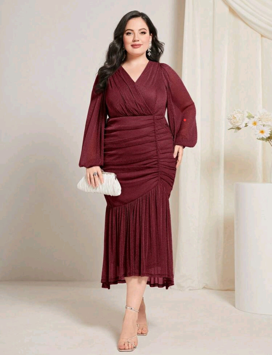 Alexia Lantern Sleeve Glitter Dress - Burgundy