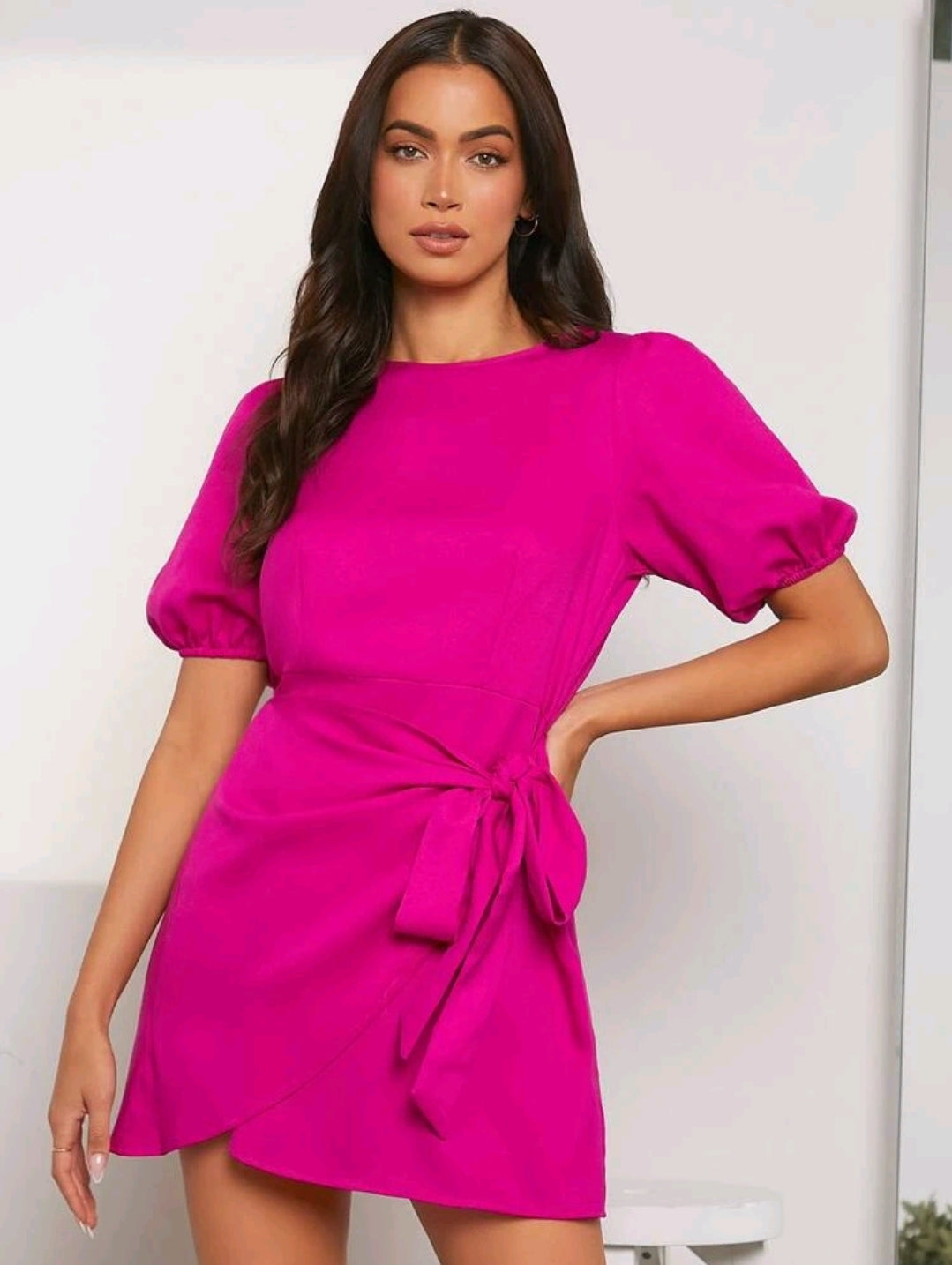 Harper Puff Sleeve Wrap Dress - Hot Pink