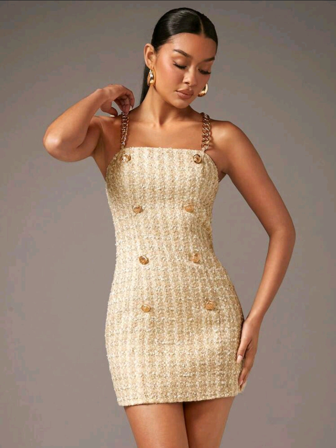 Fanny Plaid Pattern Tweed Mini Dress - Apricot