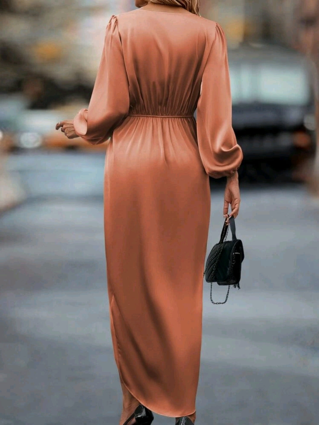 Lantern Sleeve Twist Front Wrap Hem Satin