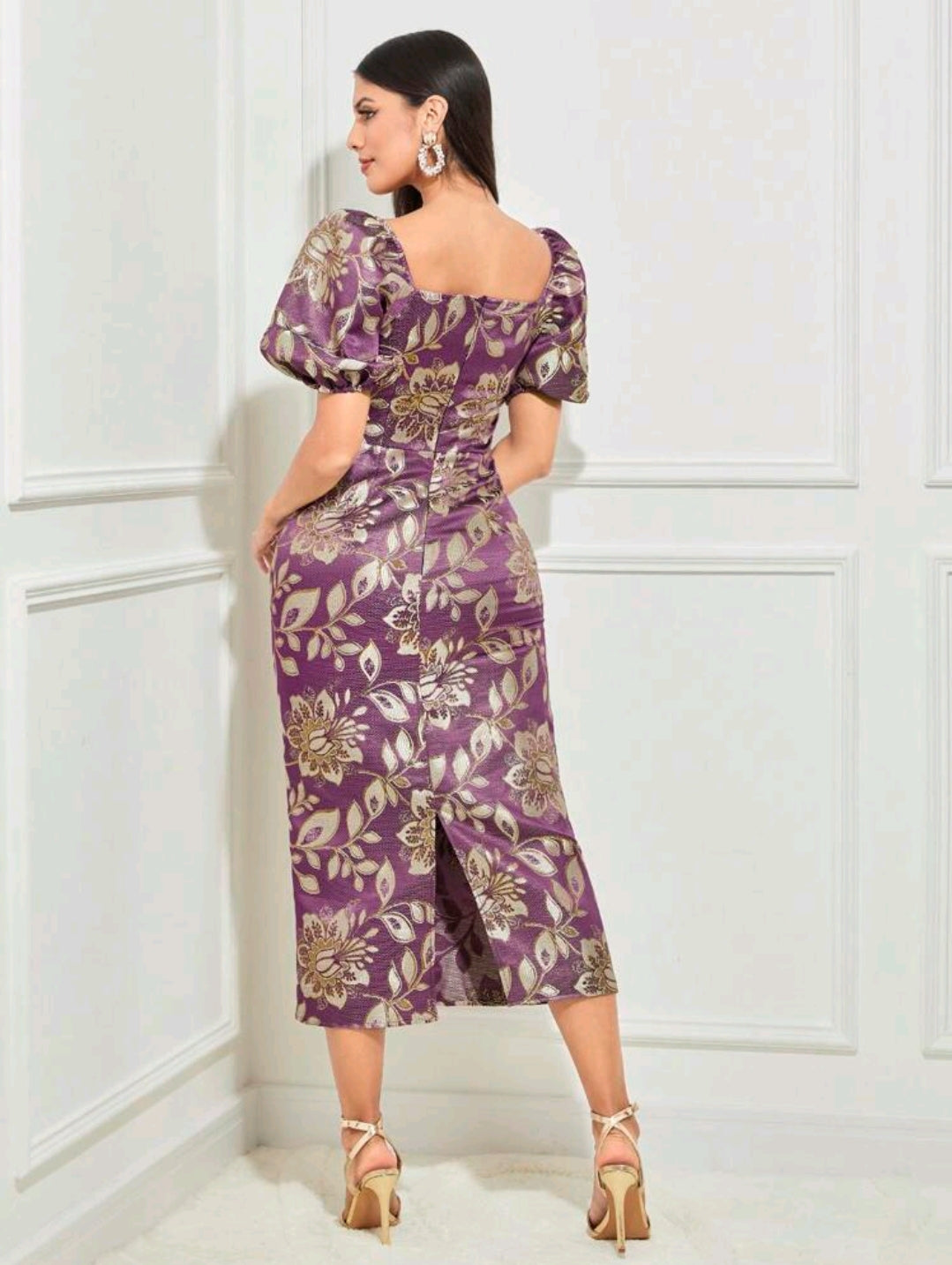 Floral Print Puff Sleeve Split Back Dress