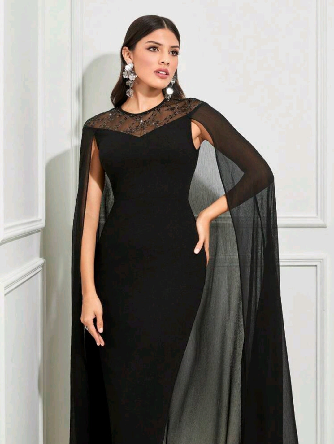 Contrast Lace Cloak Sleeve Split Back Dress