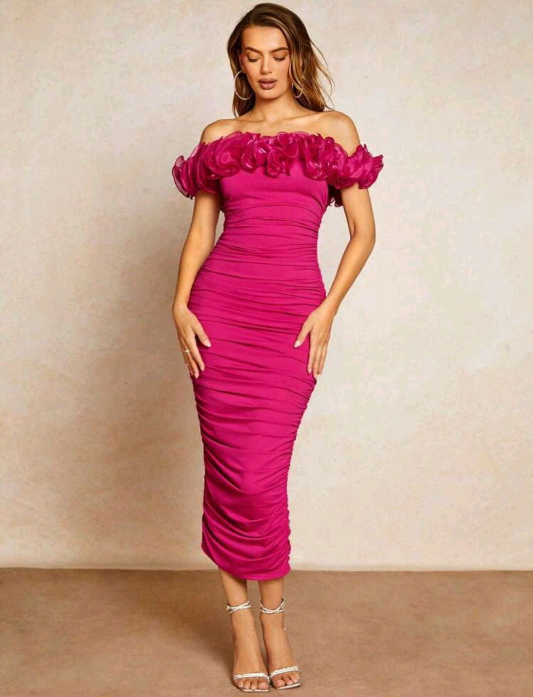 Off Shoulder Ruffle Trim Ruched Bodycon Dress
