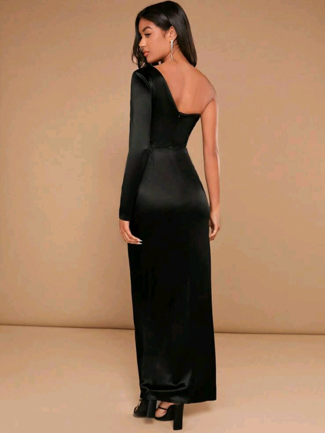 One Shoulder Wrap Hem Satin Dress