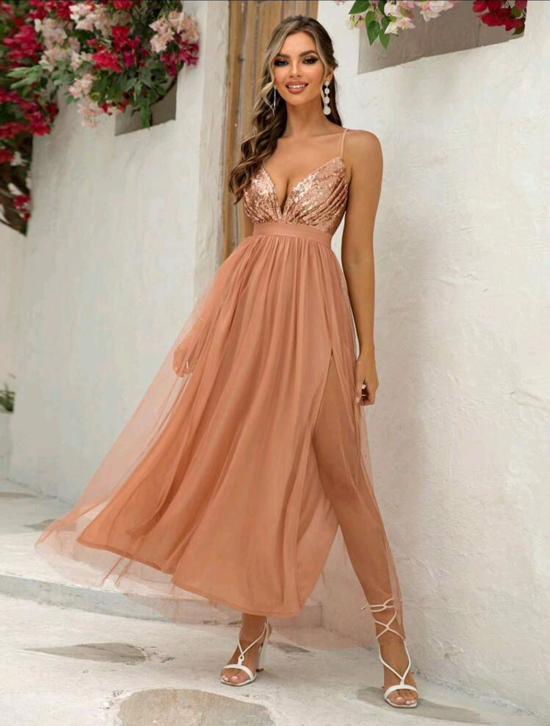 Contrast Sequin Mesh Overlay Cami Dress