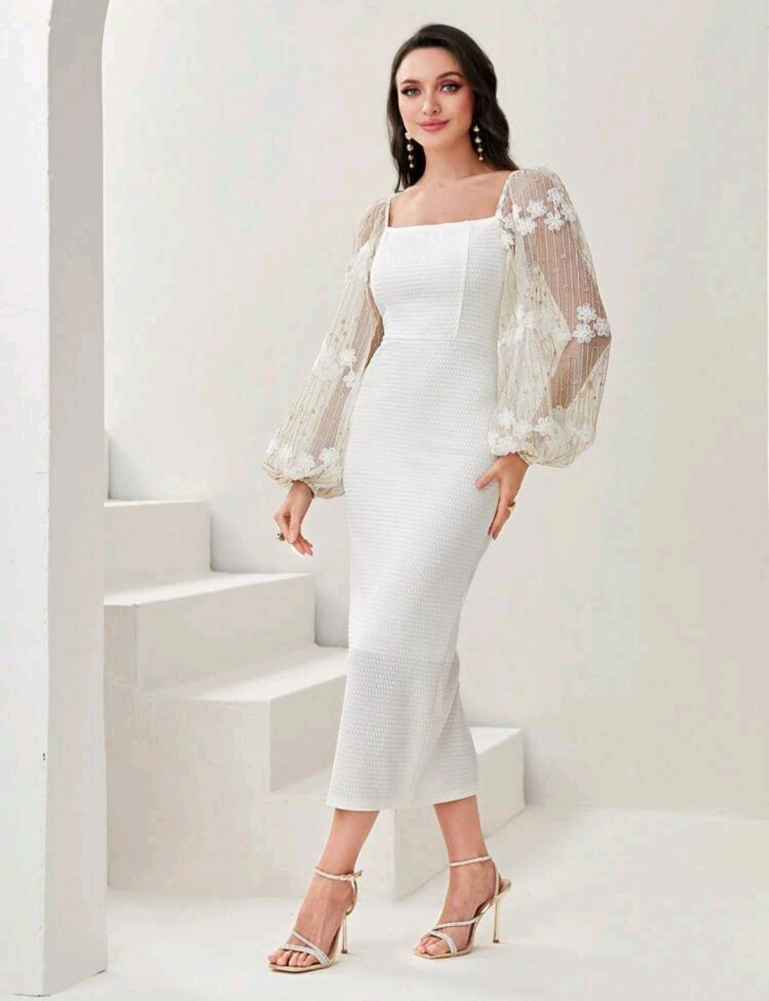Floral Embroidery Mesh Lantern Sleeve Split Back Dress