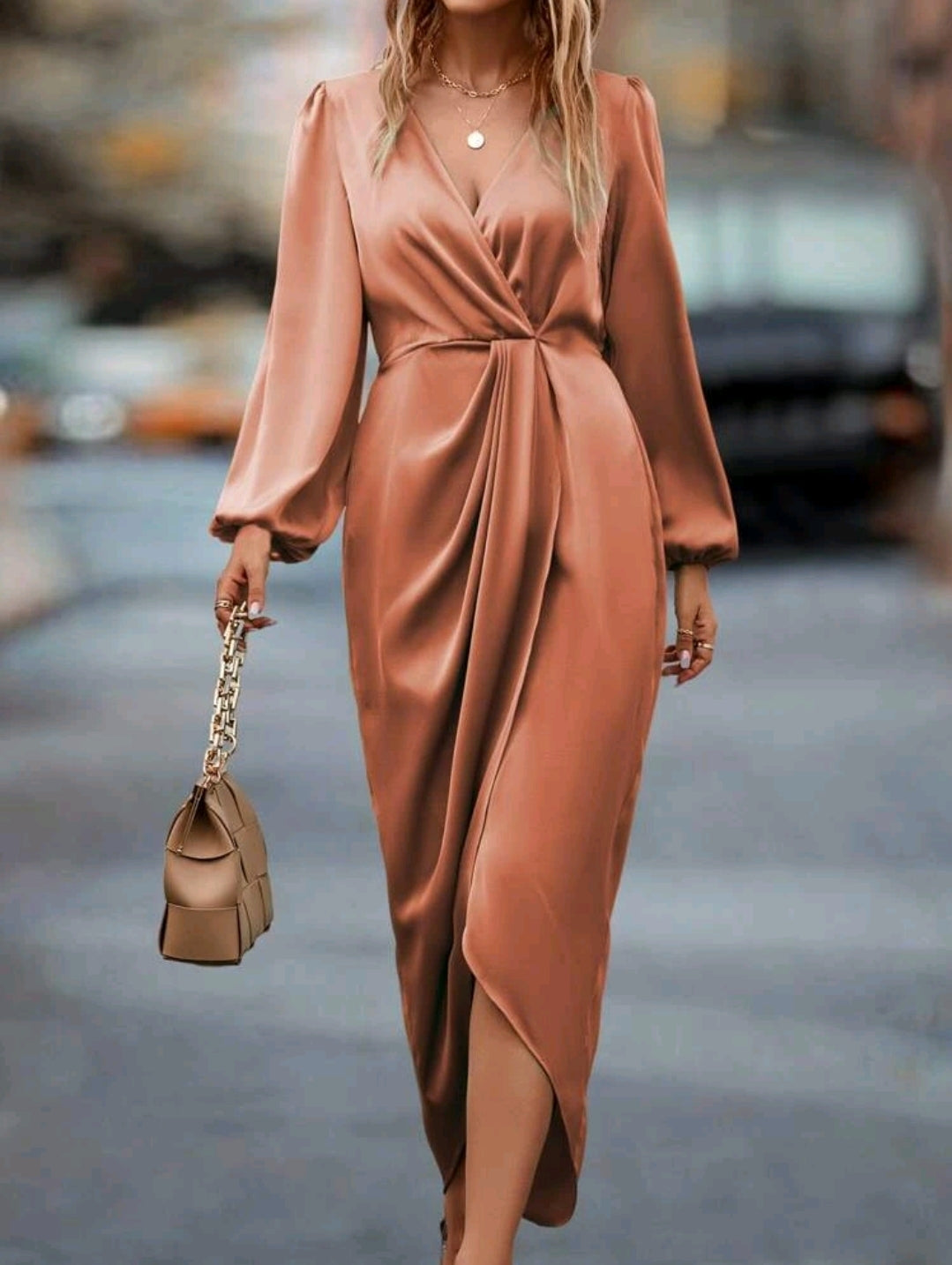 Lantern Sleeve Twist Front Wrap Hem Satin