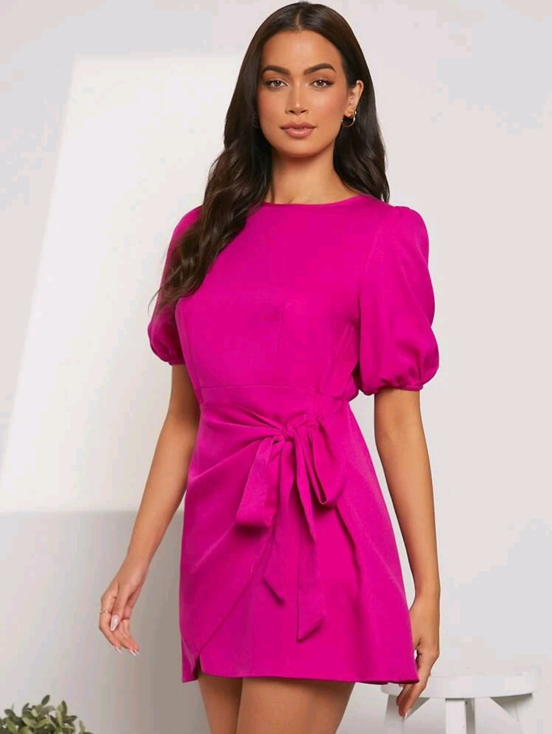 Harper Puff Sleeve Wrap Dress - Hot Pink
