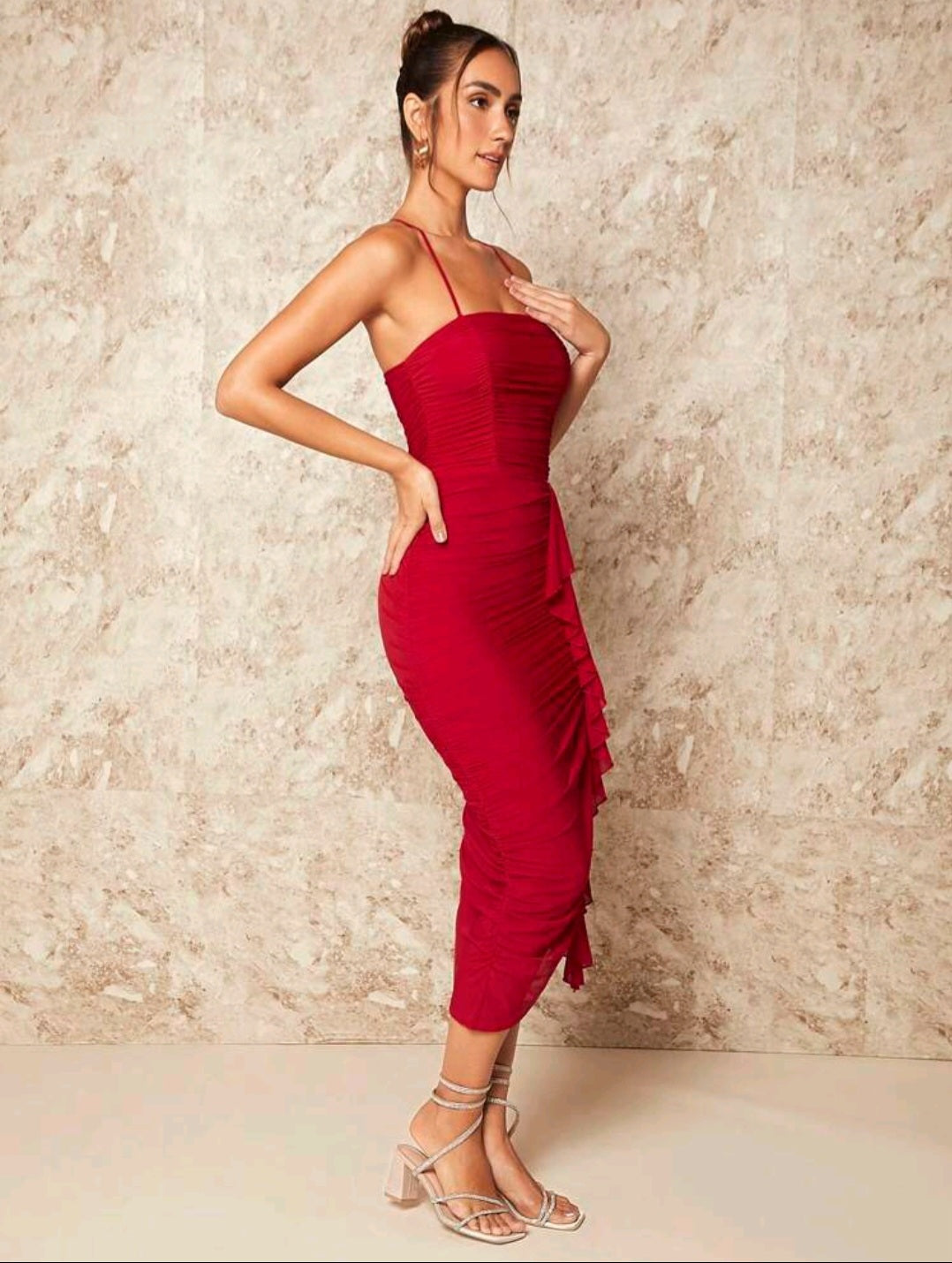 Ruched Ruffle Trim Split Thigh Cami Dress