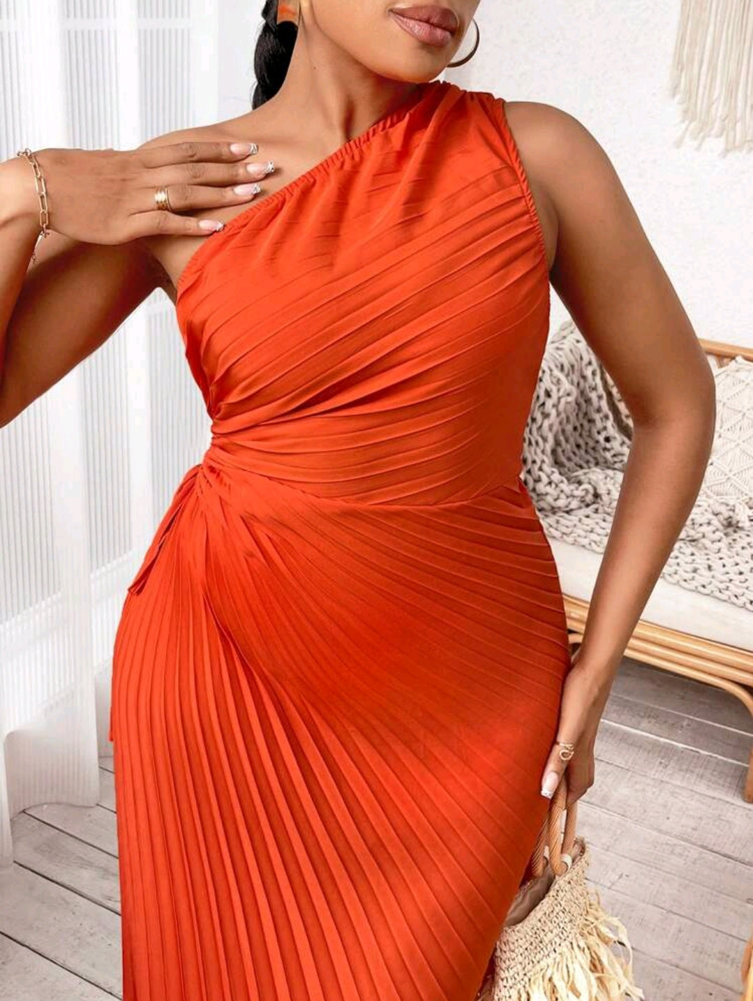One Shoulder Cut Out Pleated Hem Dress