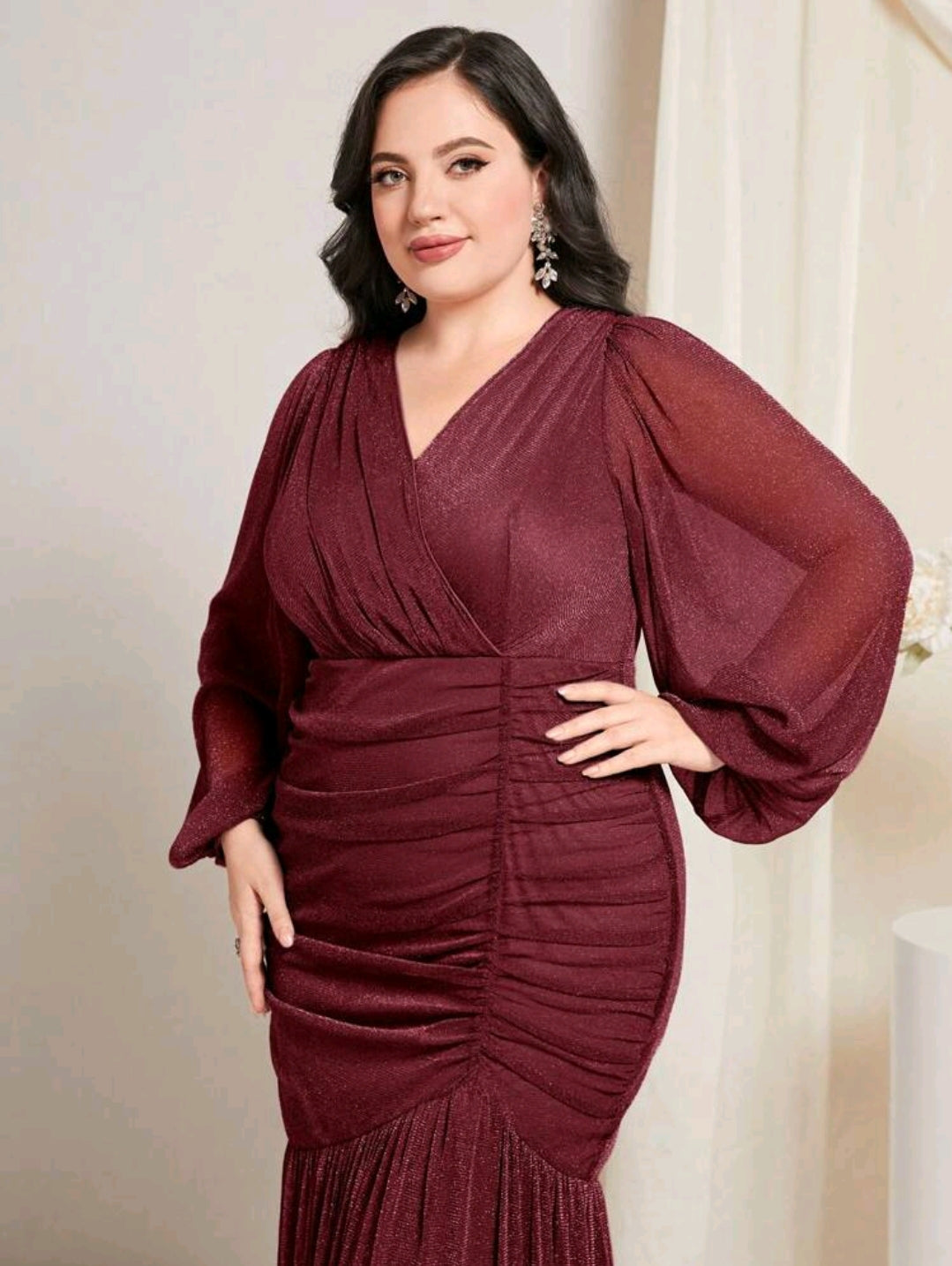 Alexia Lantern Sleeve Glitter Dress - Burgundy