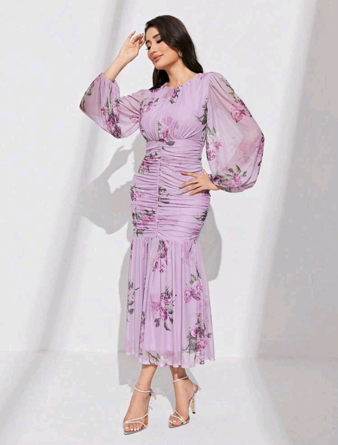 Floral Print Ruched Mermaid Hem Dress