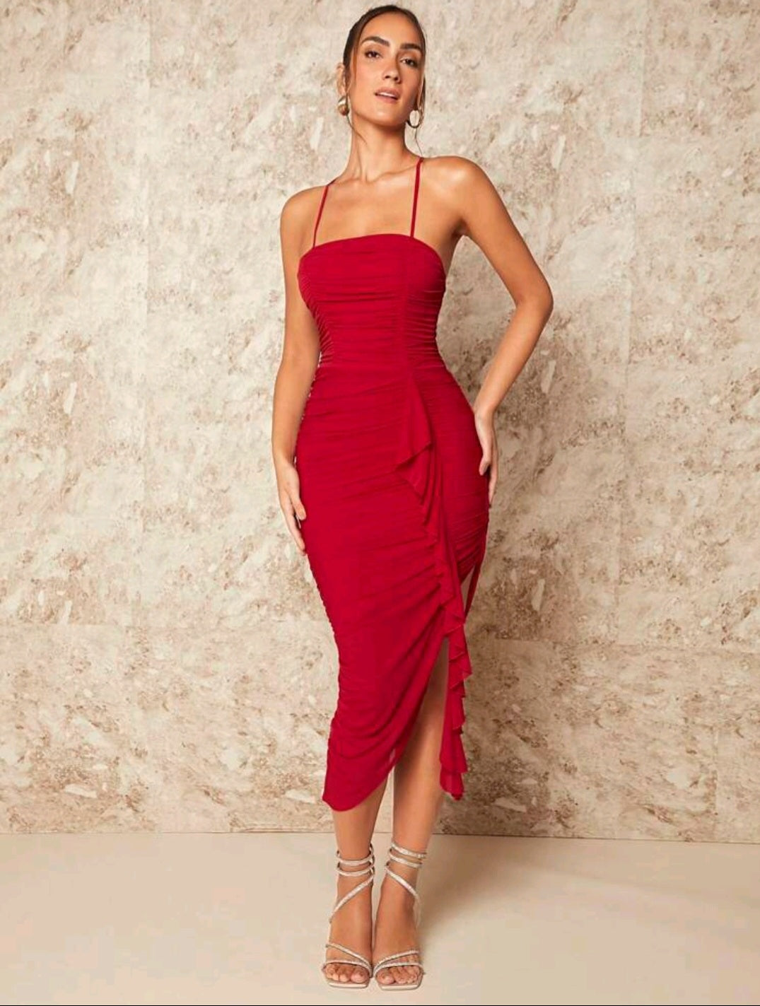 Ruched Ruffle Trim Split Thigh Cami Dress