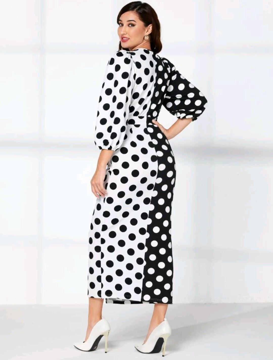 Polka Dot Lantern Sleeve Wrap Dress