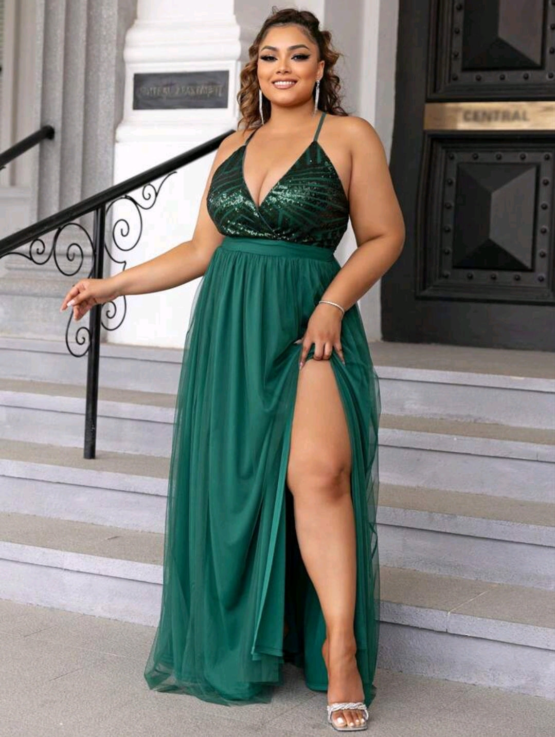 Selena Sequin Split Thigh Maxi Dress - Green
