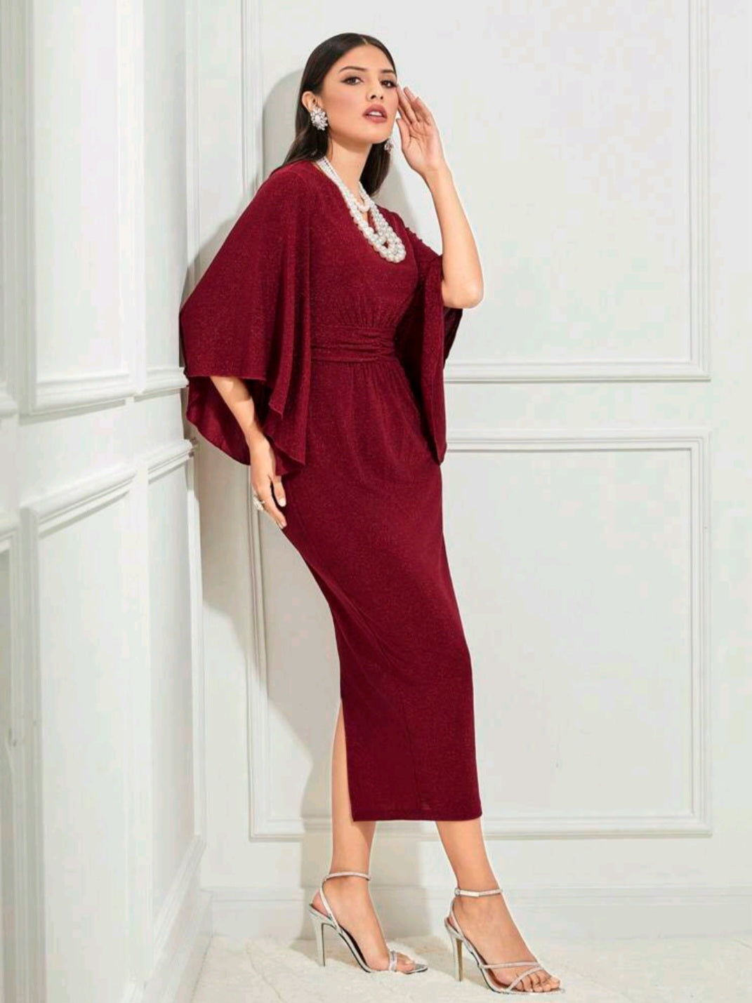 Glitter Ruched Front Butterfly Sleeve Fitted Dress
