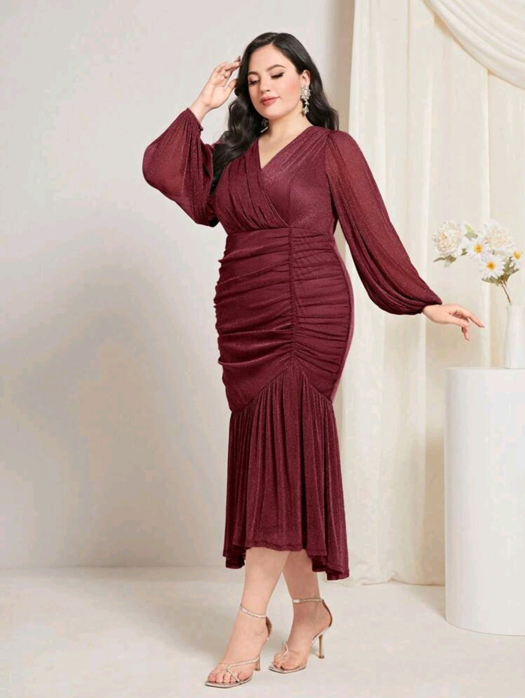 Alexia Lantern Sleeve Glitter Dress - Burgundy
