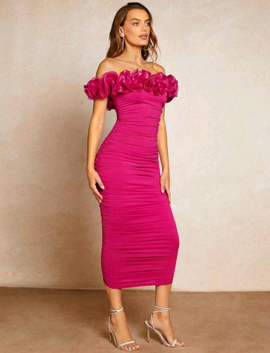 Off Shoulder Ruffle Trim Ruched Bodycon Dress