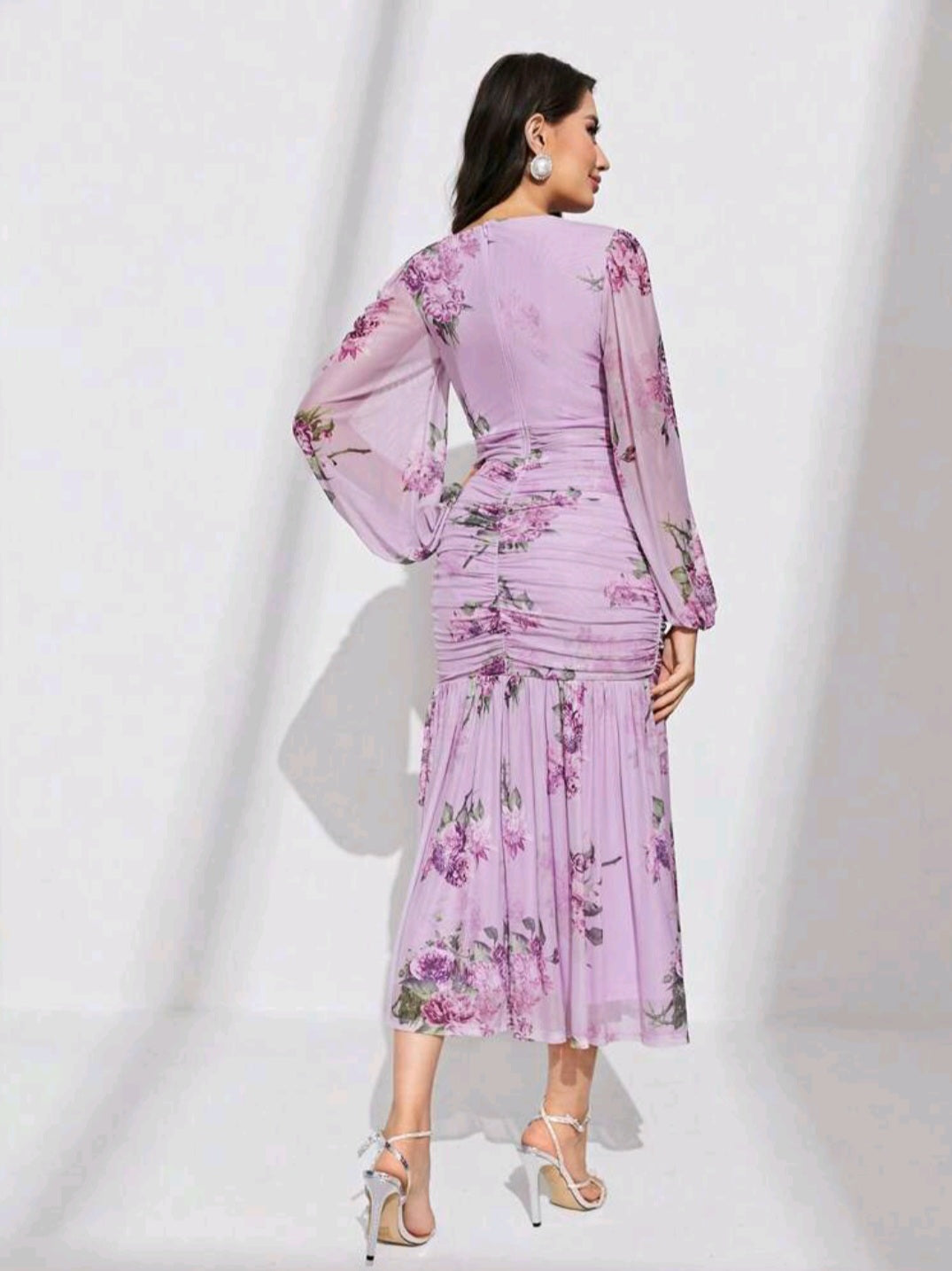 Floral Print Ruched Mermaid Hem Dress