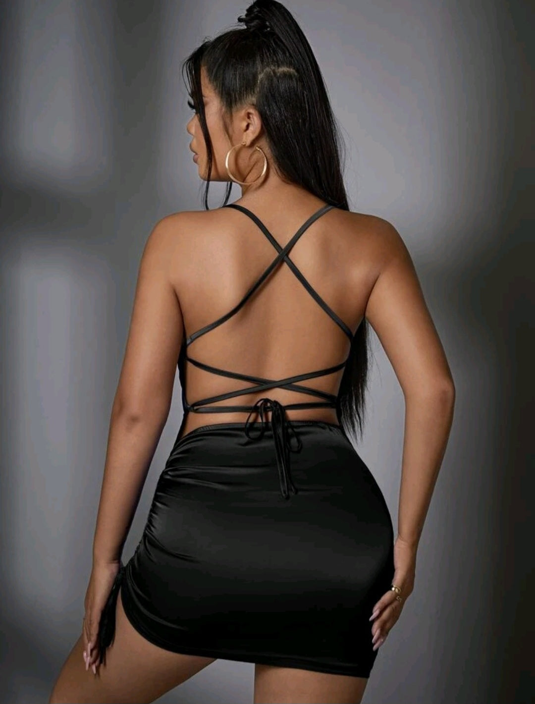 Draped Collar Drawstring Side Crisscross Backless Satin Cami Bodycon Dress
