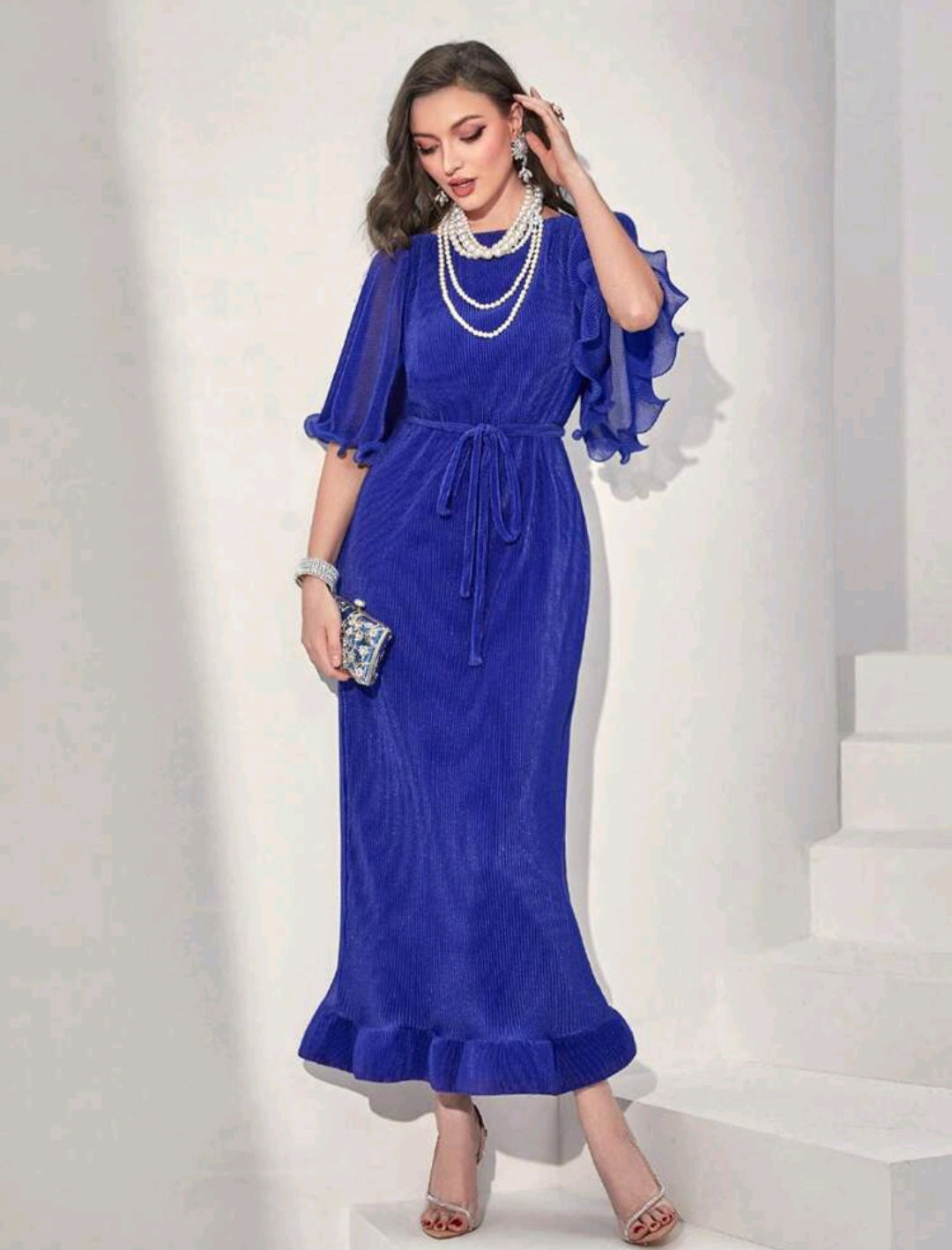 Pleated Flounce Sleeve Ruffle Hem Belted Dress