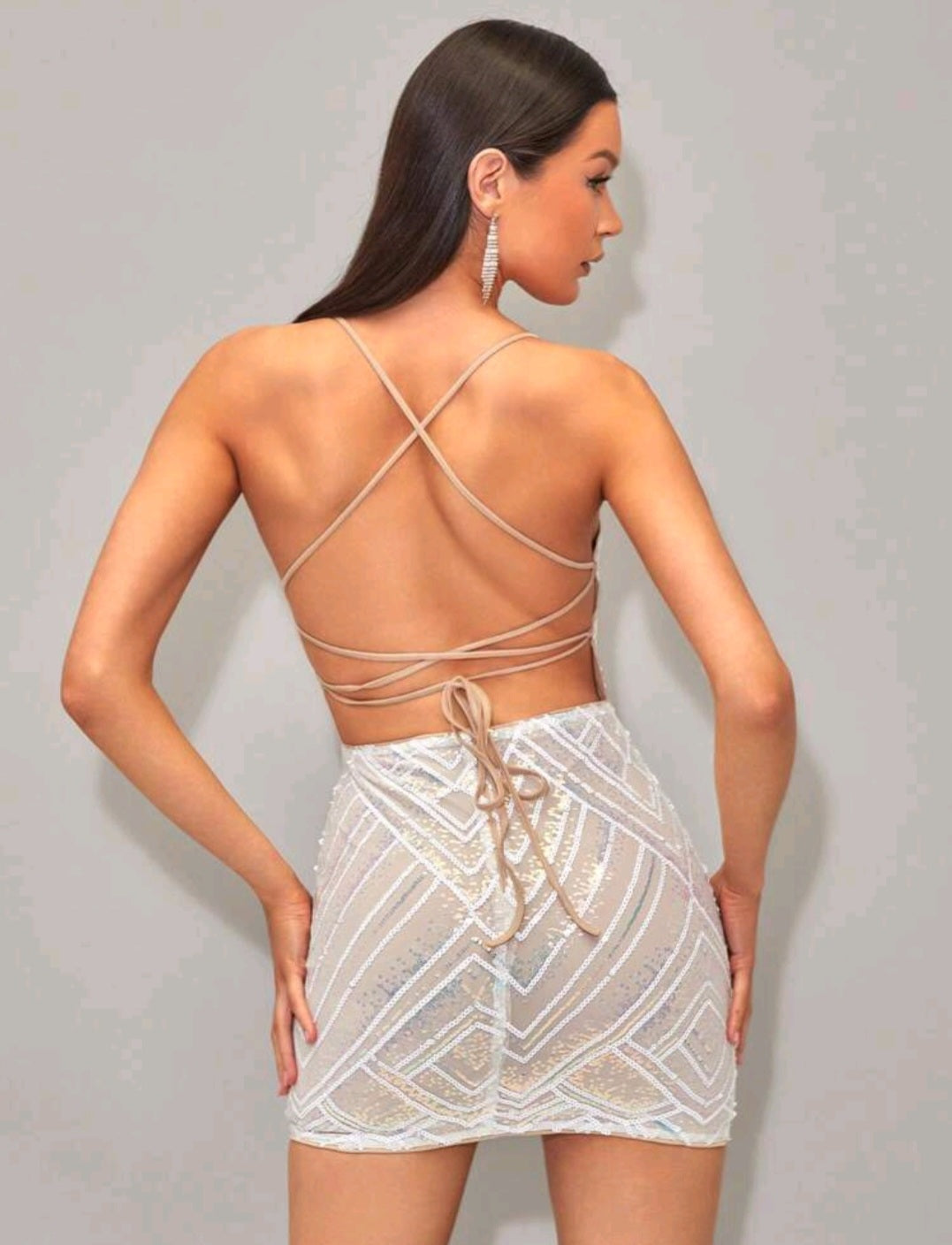 Crisscross Tie Backless Sequin Slip Dress