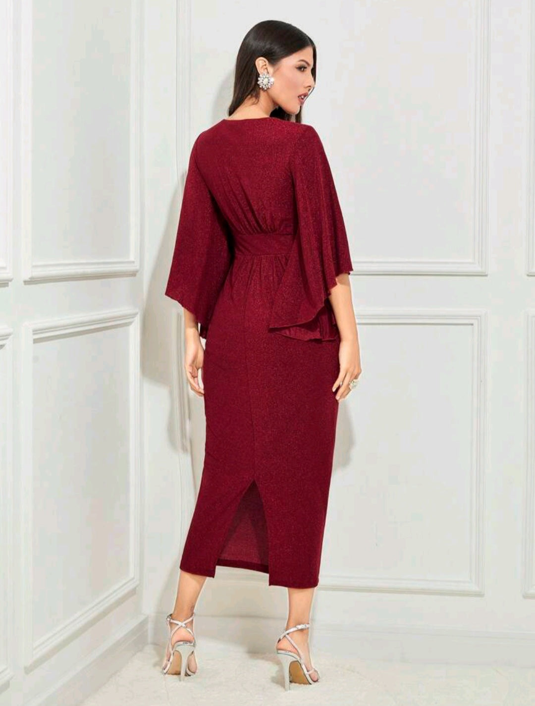 Glitter Ruched Front Butterfly Sleeve Fitted Dress