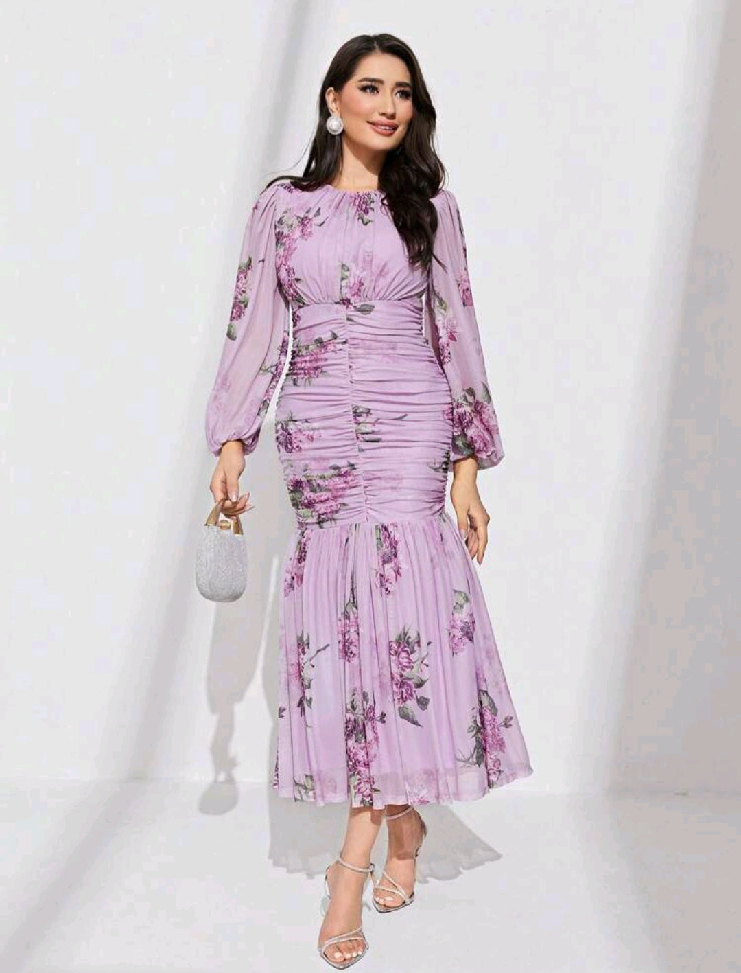 Floral Print Ruched Mermaid Hem Dress