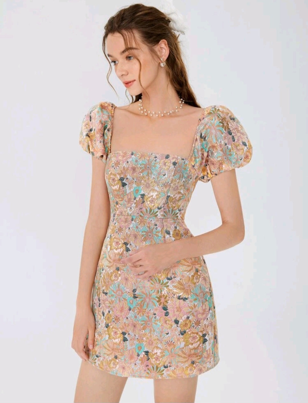 Allover Floral Print Square Neck Puff Sleeve Dress