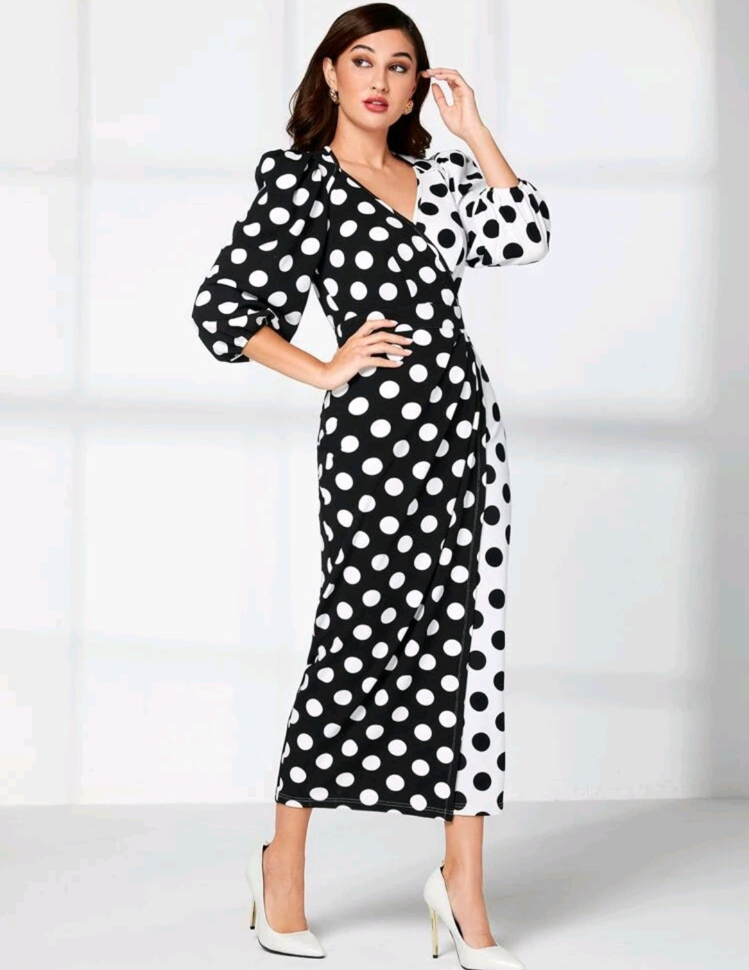 Polka Dot Lantern Sleeve Wrap Dress