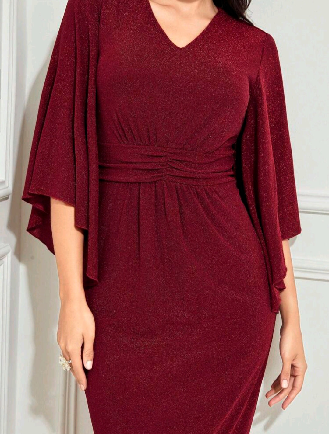 Glitter Ruched Front Butterfly Sleeve Fitted Dress