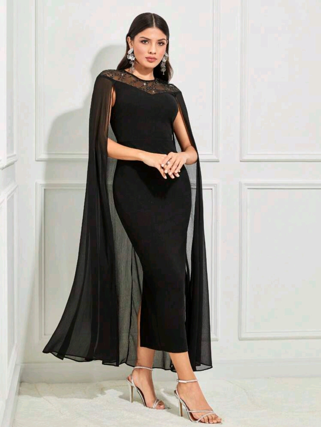 Contrast Lace Cloak Sleeve Split Back Dress