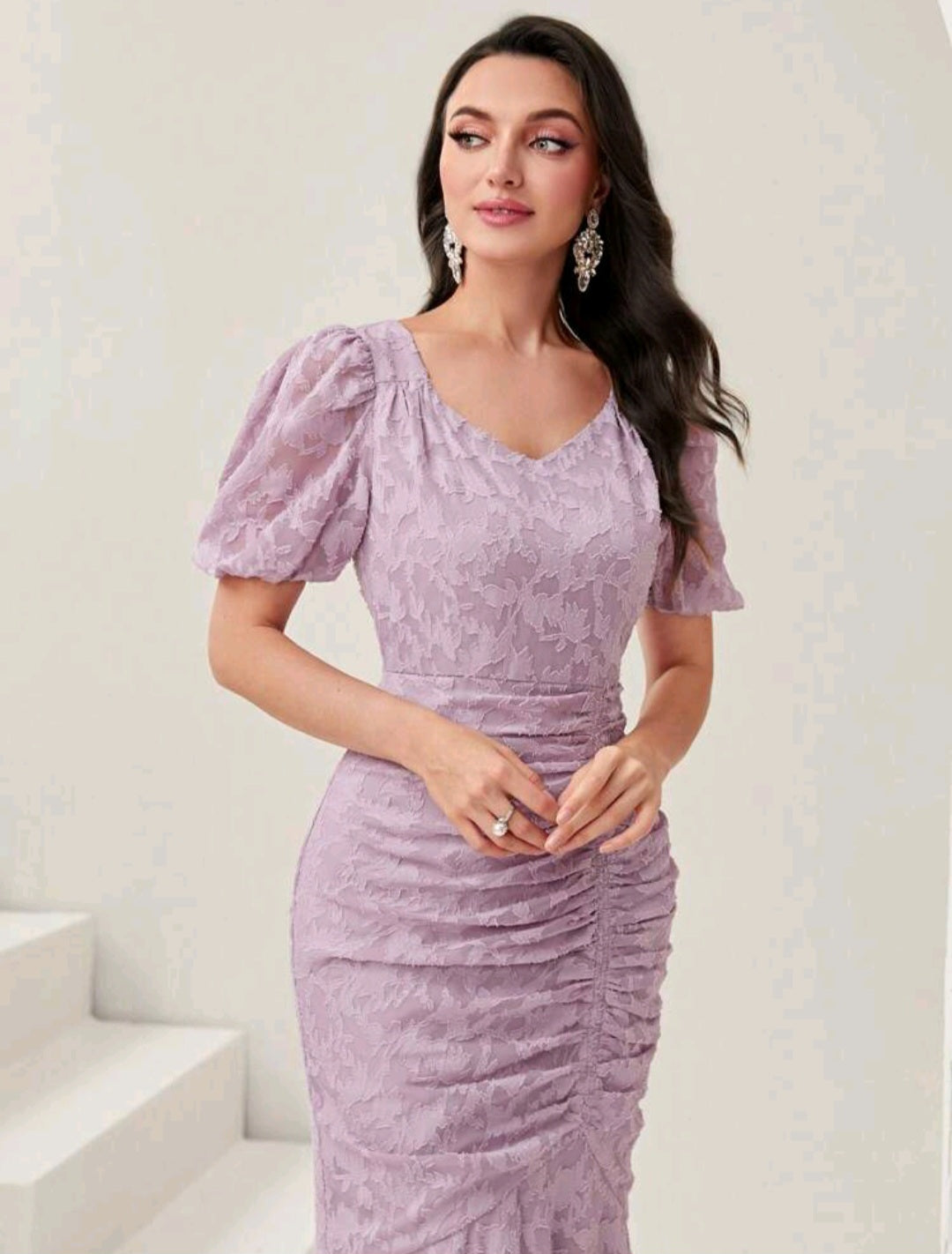 Puff Sleeve Mermaid Hem Ruched Lace Dress