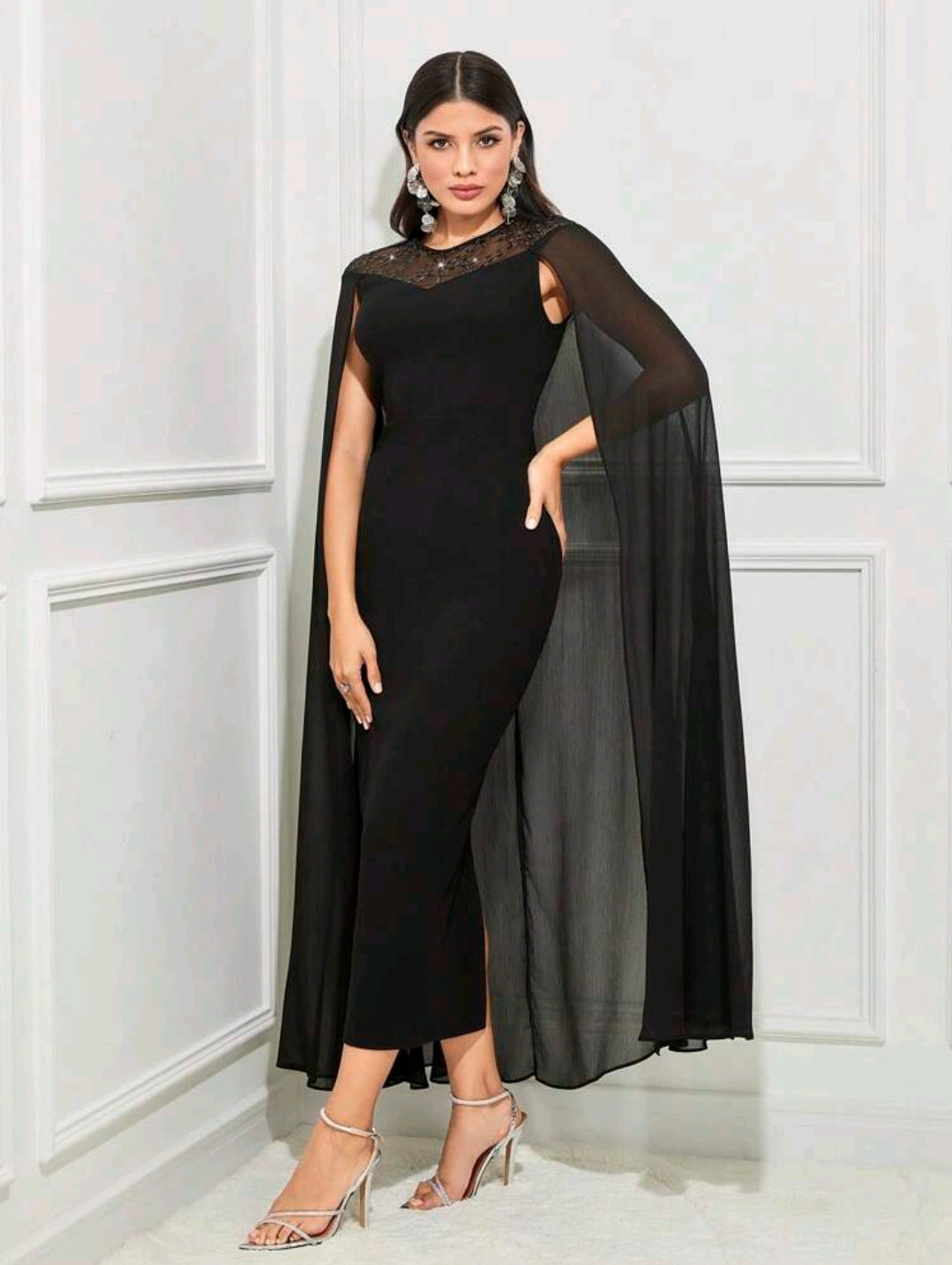 Contrast Lace Cloak Sleeve Split Back Dress