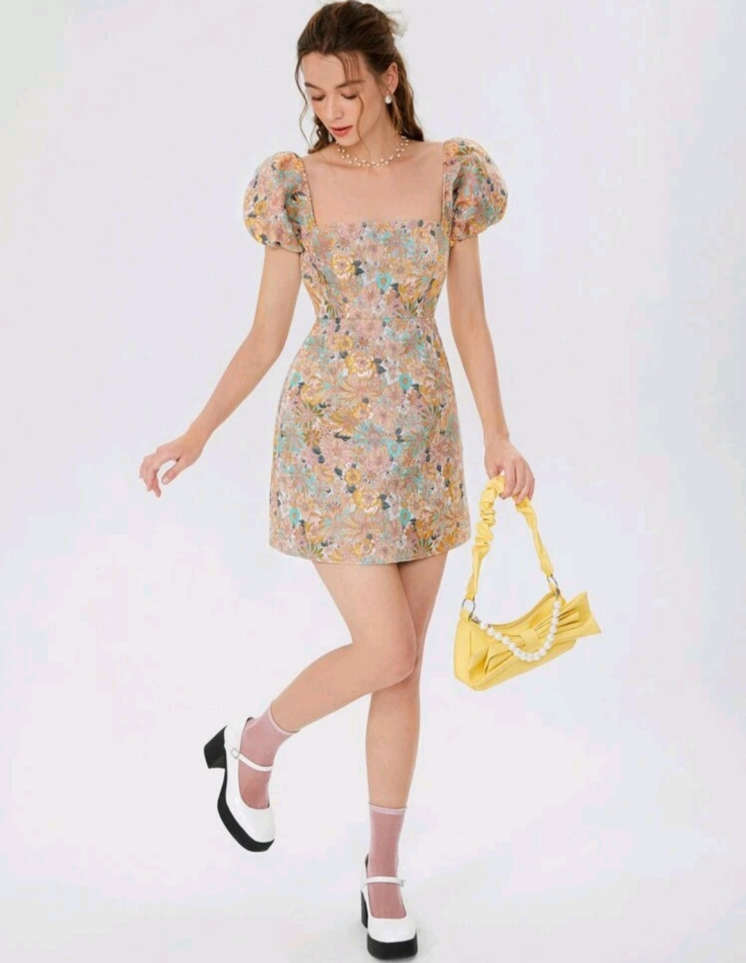 Allover Floral Print Square Neck Puff Sleeve Dress