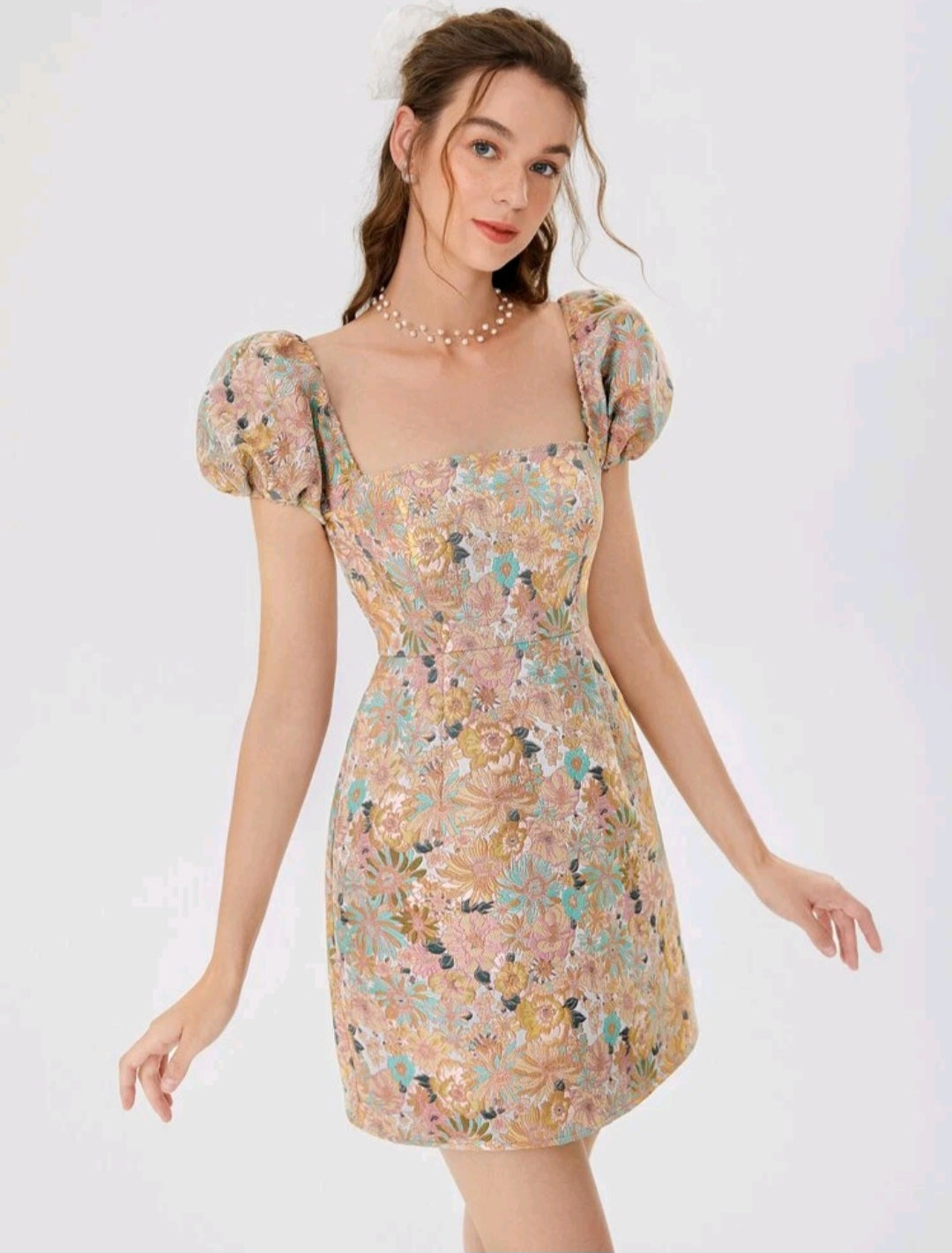Allover Floral Print Square Neck Puff Sleeve Dress