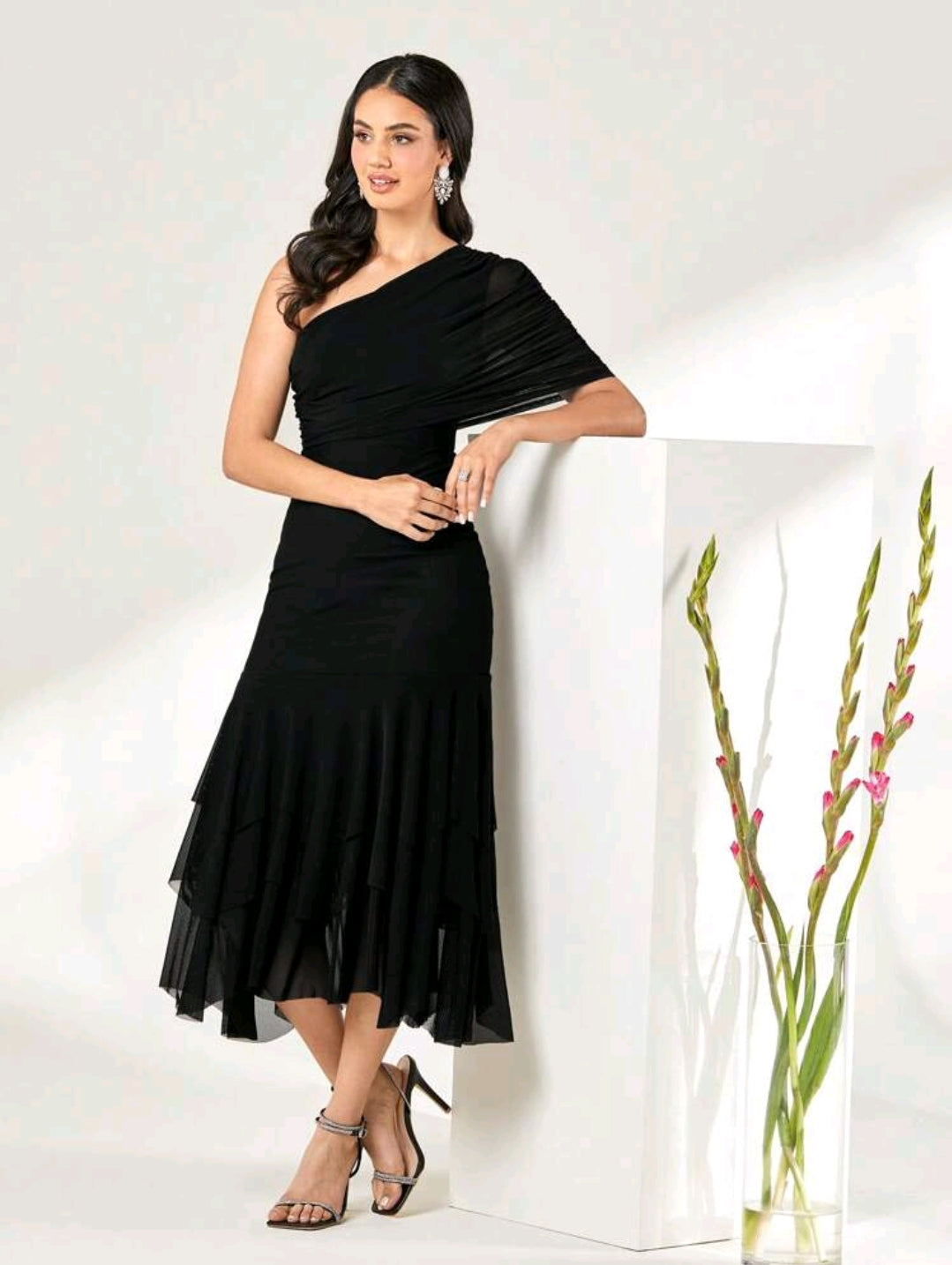 Stephanie One Shoulder Ruched Sleeve Dress