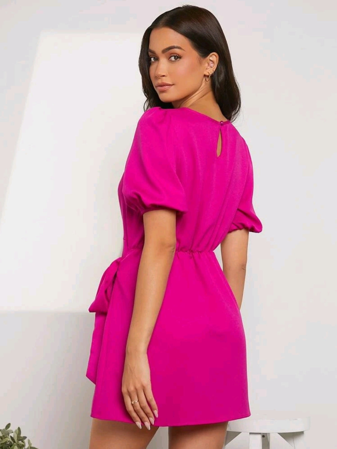 Harper Puff Sleeve Wrap Dress - Hot Pink