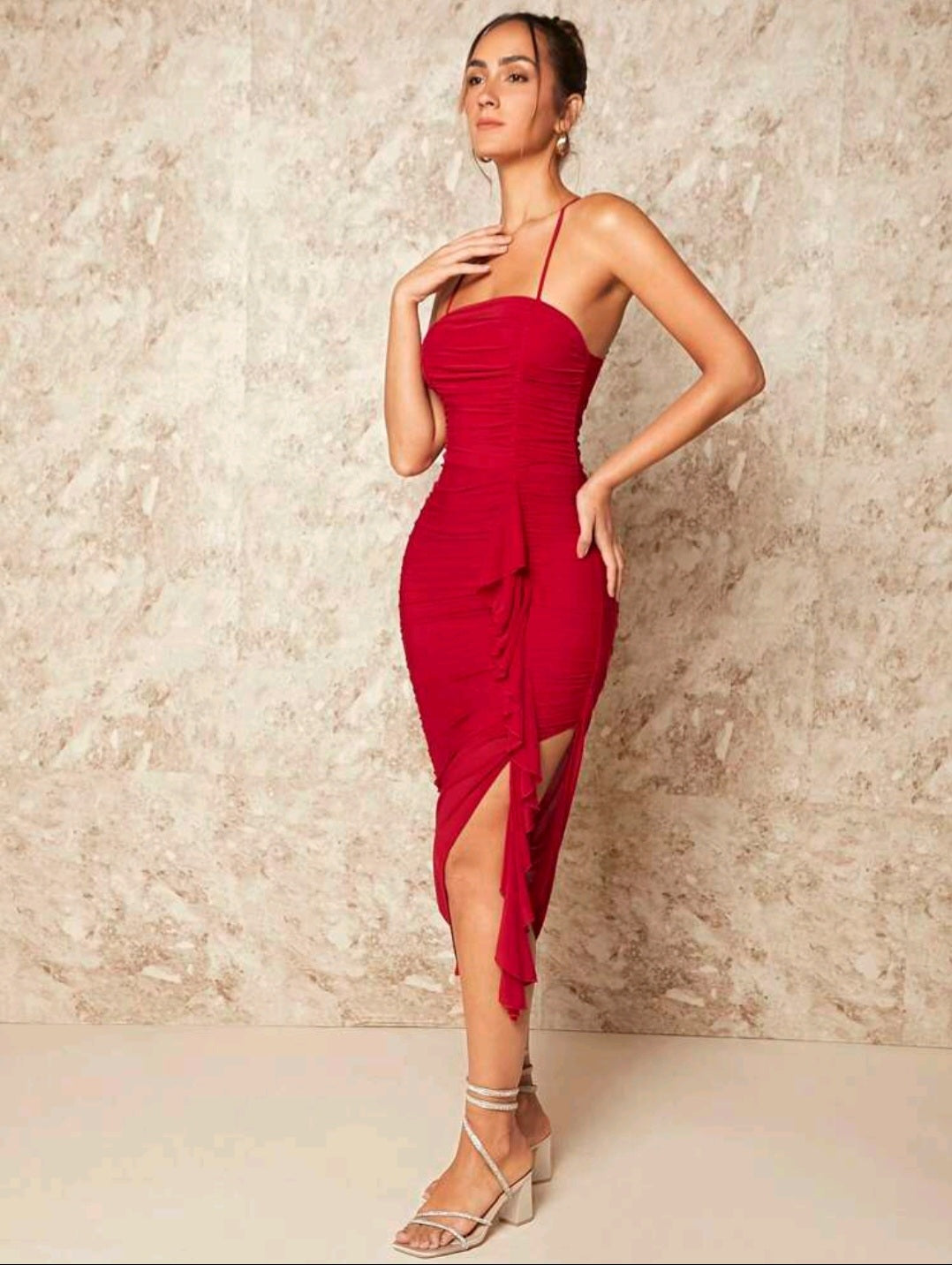 Ruched Ruffle Trim Split Thigh Cami Dress