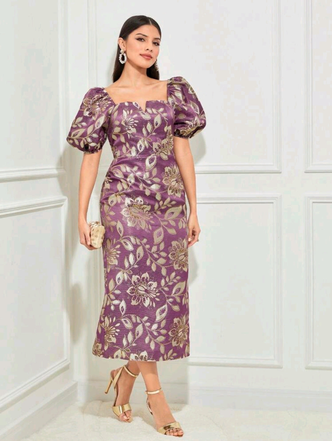 Floral Print Puff Sleeve Split Back Dress