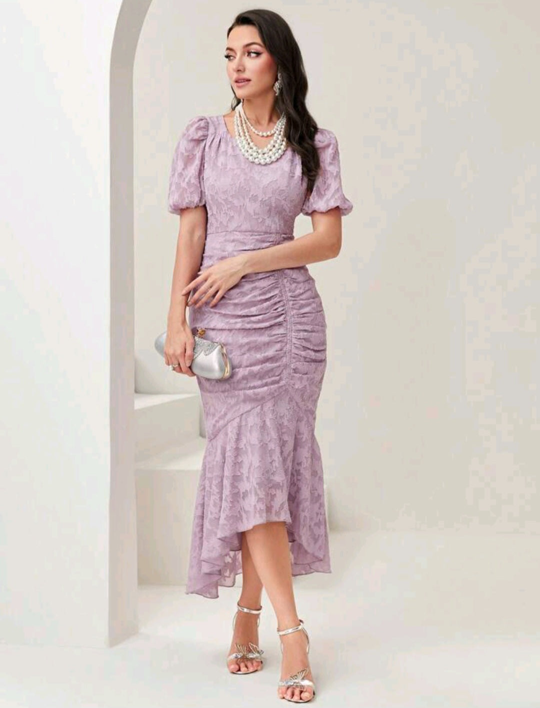 Puff Sleeve Mermaid Hem Ruched Lace Dress