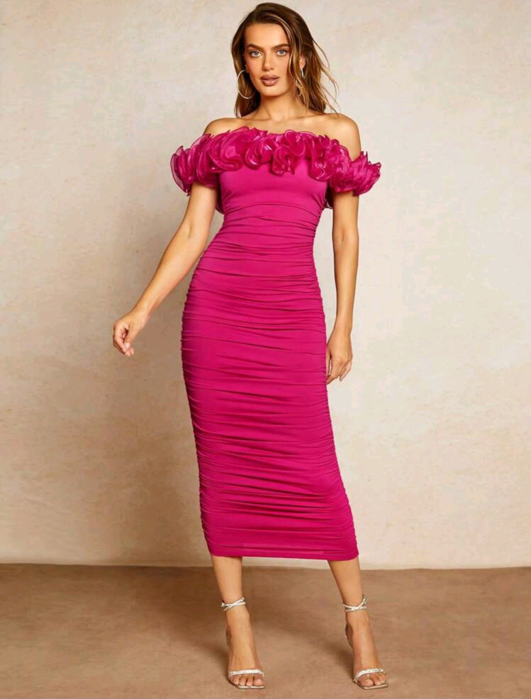 Off Shoulder Ruffle Trim Ruched Bodycon Dress