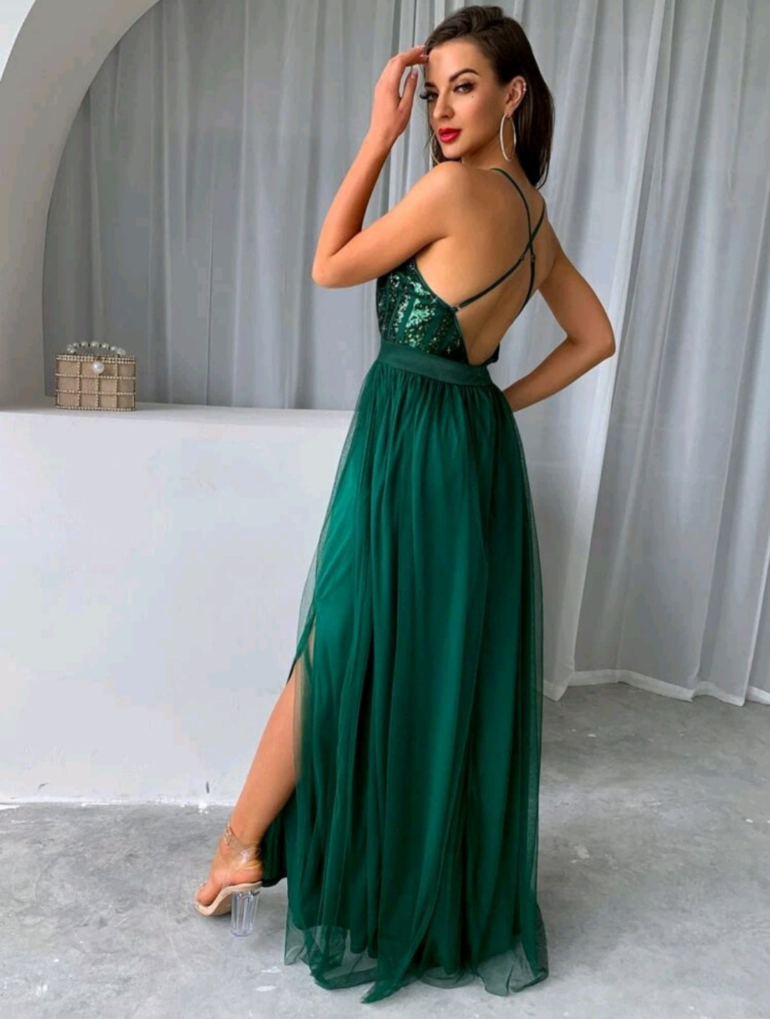 Sequin Bodice Backless Mesh Cami Formal Evening Gowns