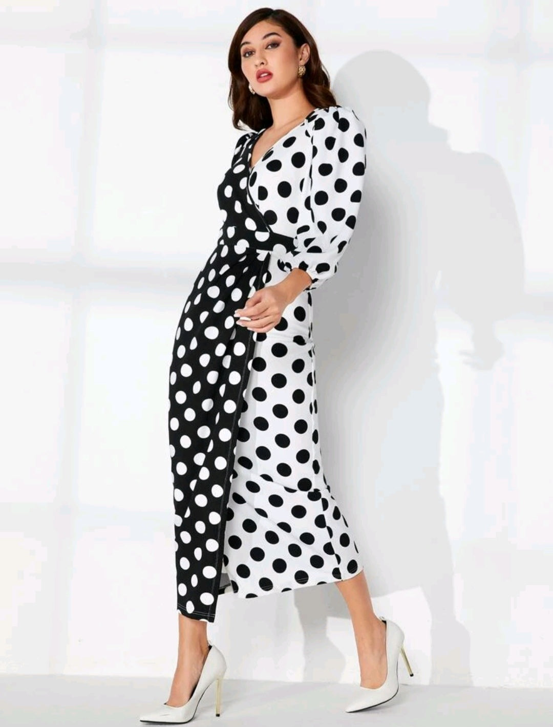 Polka Dot Lantern Sleeve Wrap Dress